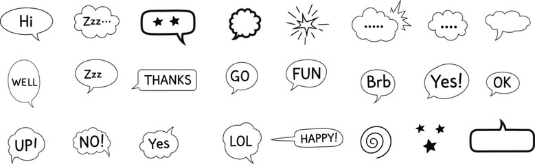 Collection of Hand- Drawn Speech Bubbles with Text and Symbols on White Background Keywords: speech bubble, thought bubble, icon, text