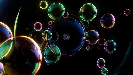 Abstract 4K atmospheric background featuring a mesmerizing fantasy orb rainbow bubble or round shiny iris effect with multiple colorful spots on a dark black surface creating a magical abstract - Powered by Adobe