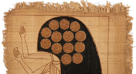 Ancient egyptian papyrus art close-up: deity with an ornate speckled wig and raised hands. isolated on transparent background