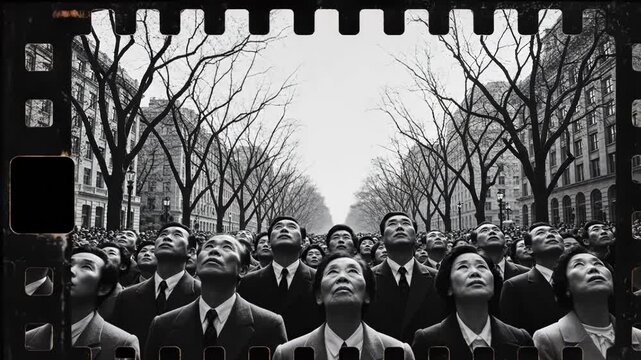 A crowd of people look up in unison on a treelined street