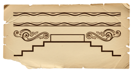Vintage paper with ornate borders, classic scrollwork, and stepped design elements isolated on transparent background