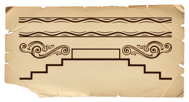 Vintage paper with ornate borders, classic scrollwork, and stepped design elements isolated on transparent background