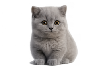 Cute british shorthair kitten sitting, looking directly, offering charm and companionship as a domestic pet animal on transparent background