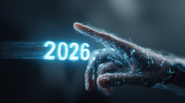Futuristic 2026 technology trends with digital hand touching glowing numbers, representing innovation and future vision in tech industry