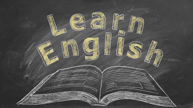 A chalkboard shows the phrase Learn English in bold yellow letters above a sketch of an open book. The image inspires studying and improving language skills in a simple, creative way.