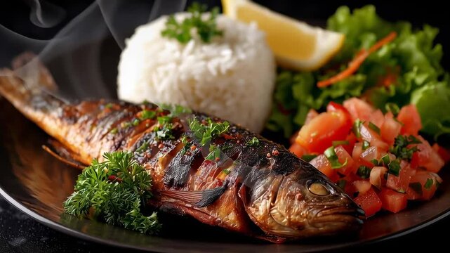 A plate of fish and rice with a lemon wedge on top. The fish is grilled and has a nice presentation. The rice is cooked and looks delicious. The lemon wedge adds a pop of color