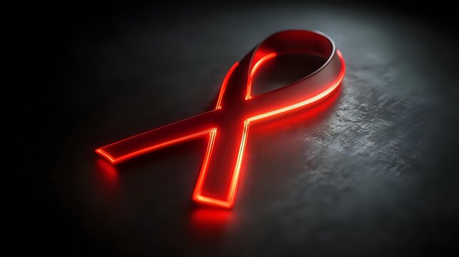 Red ribbon a symbol of solidarity with people living with HIV on a dark textured background for awareness and support