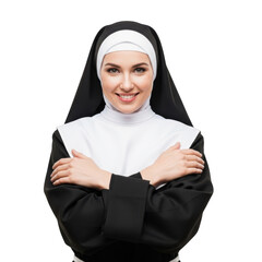 Smiling nun with arms crossed isolated on transparent background