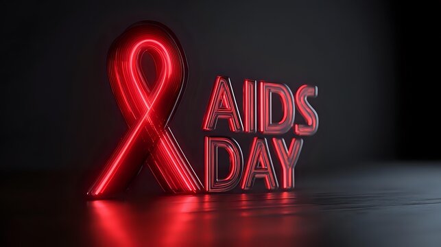 World AIDS Day concept with red ribbon and text a symbol of support and awareness rendered in neon style