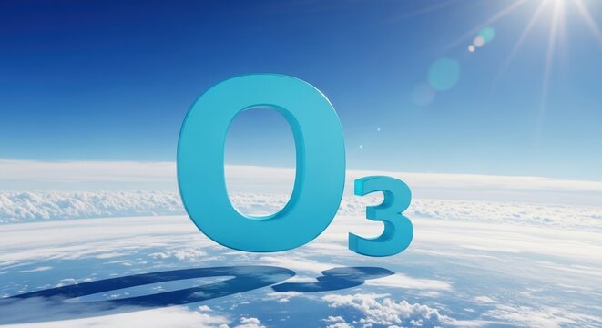 The chemical symbol O3 for the ozone layer floats high in the atmosphere above planet Earth protecting it from the sun's harmful ultraviolet rays representing environmental science