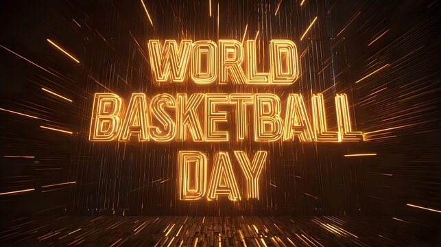 World Basketball Day golden text effect with radial light rays perfect for sports event promotion and social media graphics