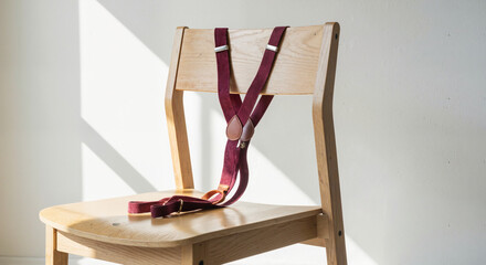 Stylish burgundy suspenders hanging over a wooden chair in a bright space