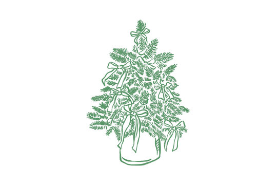 Handdrawn sketch of a decorated christmas tree with bows and ornaments