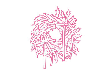 Hand drawn pink christmas wreath with two bows