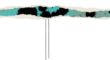 Vibrant turquoise paint splashes on a grunge ripped paper banner with rough torn edges isolated on transparent background