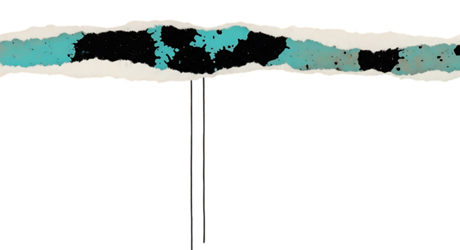 Vibrant turquoise paint splashes on a grunge ripped paper banner with rough torn edges isolated on transparent background