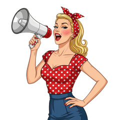 Retro woman with megaphone announcing loudly isolated on transparent background