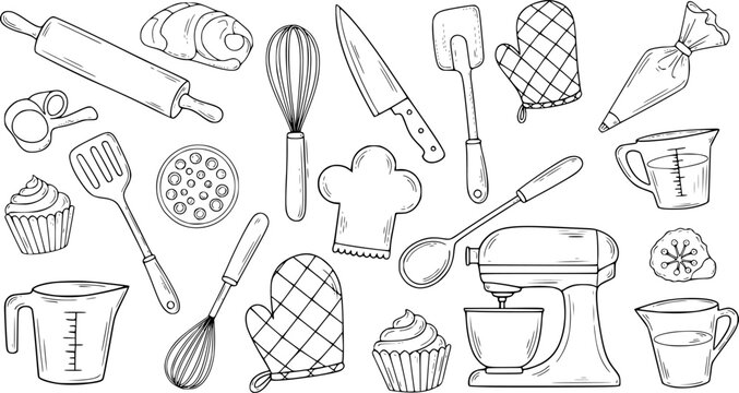 Hand-drawn kitchen utensils and baking tools set in doodle style for culinary design