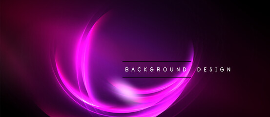 Abstract neon curves, vibrant purple hues, dark background. Modern design element for digital projects, presentations. Smooth gradients create dynamic visual effect.