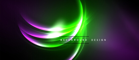 Abstract neon waves, vibrant green, purple hues. Dark background creates dramatic visual effect. Modern design element.