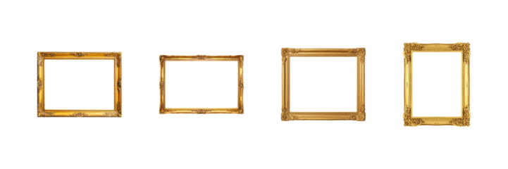 Golden Ornate Picture Frames Set. Elegant Art Display And Home Decor Collection Isolated On Transparent Background