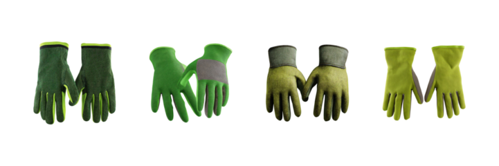 Green Work Gloves Collection Set. Protective Gear For Gardening And Construction Isolated On Transparent Background