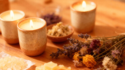 Scented candles and dried flowers arranged on wooden table  