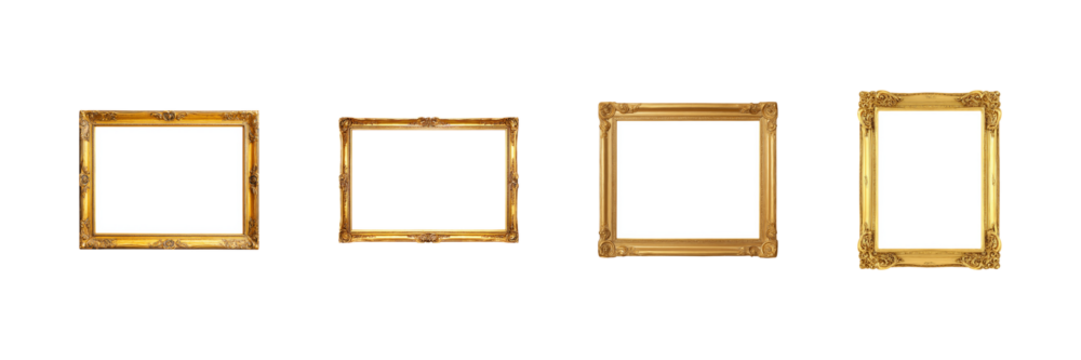 Golden Ornate Picture Frames Set. Elegant Art Display And Home Decor Collection Isolated On Transparent Background