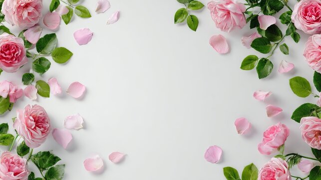 Romantic pink roses and delicate petals frame a clean white background, perfect for elegant designs and heartfelt messages of love - Powered by Adobe