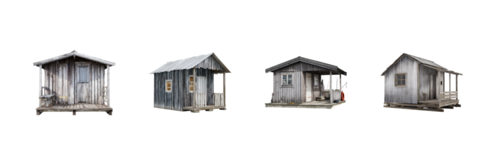 Rustic Wooden Cabins Set. Traditional Architecture And Rural Living Collection Isolated On Transparent Background