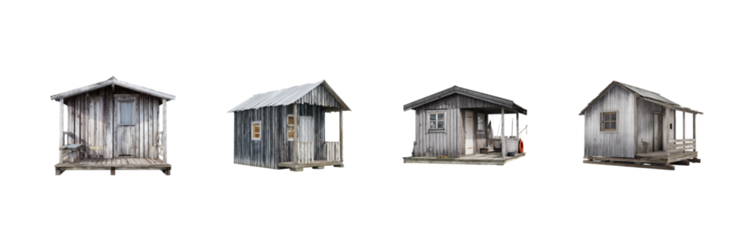 Rustic Wooden Cabins Set. Traditional Architecture And Rural Living Collection Isolated On Transparent Background
