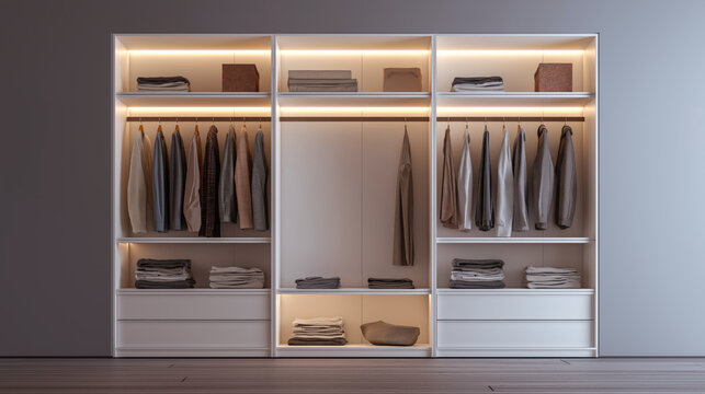 Elegant dressing room with glass showcase for jewelry, soft beige carpet, contemporary design and fashion inspired decor