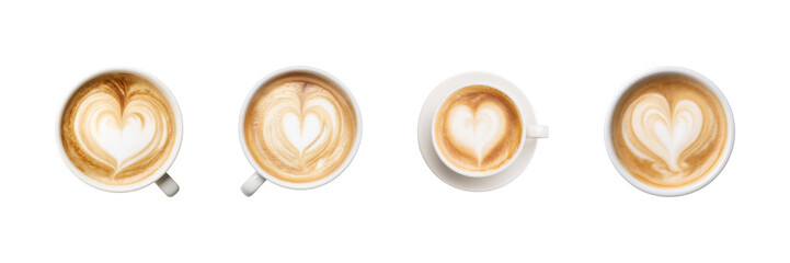Heart-Shaped Latte Art In Coffee Cups Set. Barista Craftsmanship And Coffee Culture Collection Isolated On Transparent Background