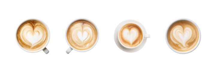 Heart-Shaped Latte Art In Coffee Cups Set. Barista Craftsmanship And Coffee Culture Collection Isolated On Transparent Background
