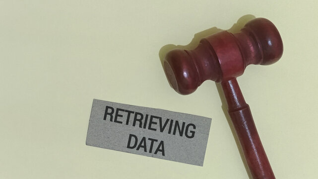Legal Data Retrieval Process Symbolized by Gavel and Digital Information Tag, Highlighting Forensic Investigation and Judicial Oversight
