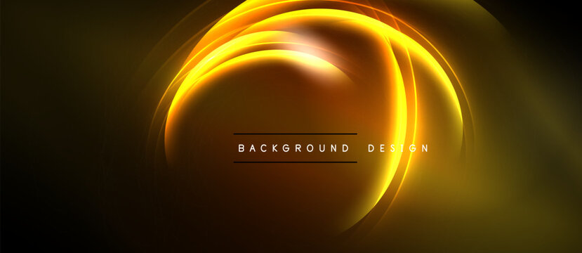 Abstract golden lines create dynamic swirl. Dark background emphasizes bright, glowing curves. Text reads background design. Simple, elegant composition.