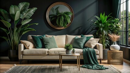 Cozy living room with lush green plants and neutral sofa isolated on white background