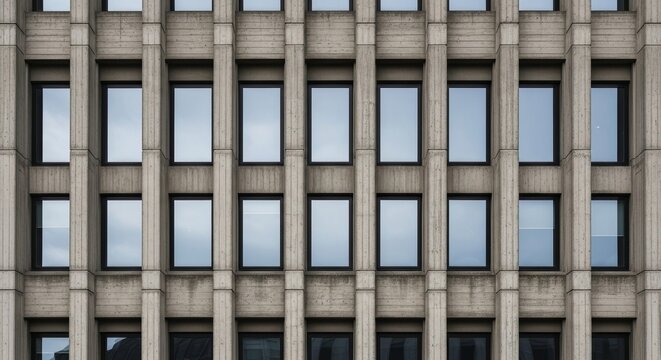 Geometric pattern of repeating rectangular windows on the facade of a modern concrete and glass office building