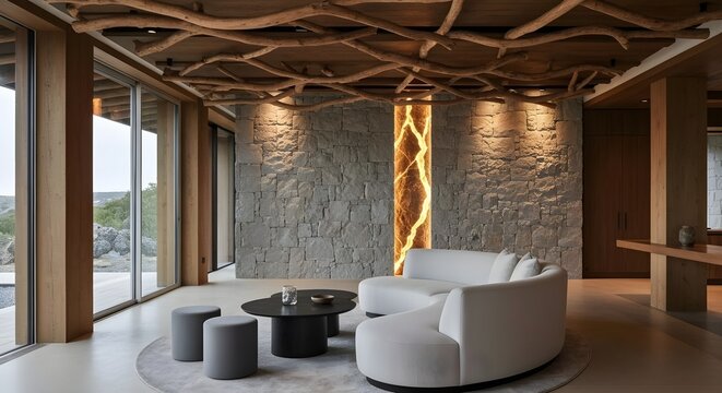 A modern interior with a curved grey sofa, dark round table, stone wall featuring a glowing golden fissure, wooden branch ceiling accents, large windows, and warm, nature-inspired contemporary design. - Powered by Adobe