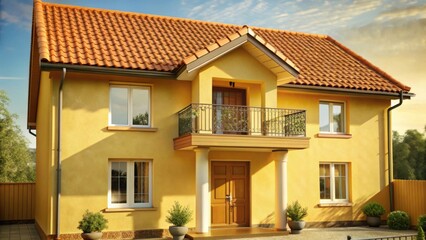 A charming yellow two story house with red tile roof isolated on white background