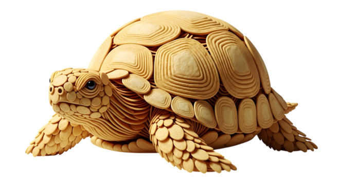 A detailed sculpture of a tortoise made from wood