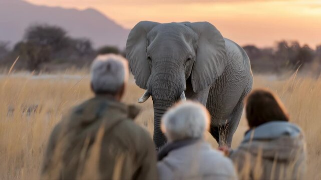 A group of people watching an elephant in the savanna during sunset. Wildlife safari experience for nature tourism. Traveling in retirement: active old age