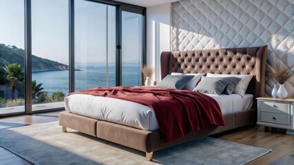 Luxurious bedroom with a large tufted bed and ocean view isolated on white background