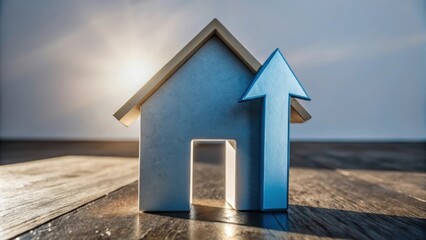 Small house model with upward arrow isolated on white background