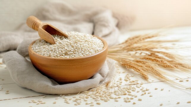 Wooden Bowl Filled with Barley Grains on White Isolated Background. Generative AI