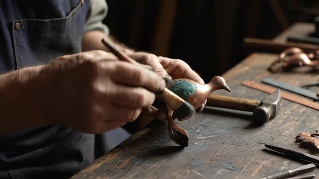 Crafting Copper Bird: Artisan Painting Metal Sculpture in Workshop - Detailed Close-Up