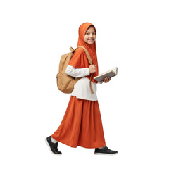 Young muslim girl in hijab with backpack and book isolated on transparent background