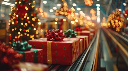 Festive Christmas Presents on Conveyor Belt with Decorated Trees and Bokeh Lights, Holiday Shopping and Season's Greetings Concept