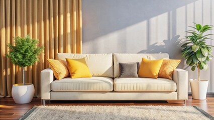 Comfortable sofa with yellow pillows and plants isolated on white background