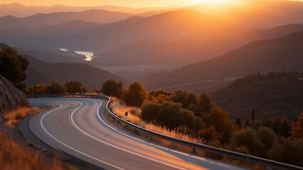 A large white semi truck is driving down a mountain road. The sun is setting in the background, casting a warm glow over the scene. The truck is the main focus of the image